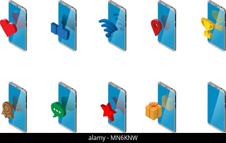 smartphone with heart icons, like, finger, up, wifi, location, medal, Cup, message, star, gift box. isometry. set Stock Vector