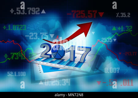 business graph with arrow up and 2017 symbol, represents growth in the new year 2017, three-dimensional rendering, 3D illustration Stock Photo