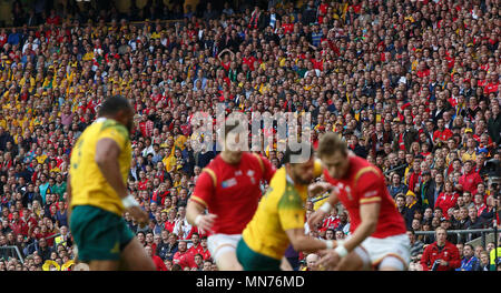 Thousands of Australian and Welsh fans watch as the play on field approaches the goal line during the IRB RWC 2015 match between Wales v Australia - Pool A Match 35 at Twickenham Stadium. London, England. 10 October 2015 Stock Photo