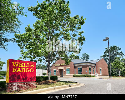 Wells Fargo Bank branch sign, with corporate logo, exterior and entrance in Montgomery Alabama, USA. Stock Photo