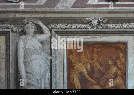 Detail, grisaille (monochrome) painting of a caryatid, mimicking marble sculpture, surrounding false 'bronze' relief (rendered in PS), Rome, Italy Stock Photo