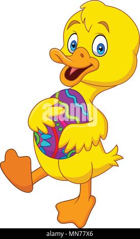 Cartoon duckling holding a decorated Easter egg Stock Vector