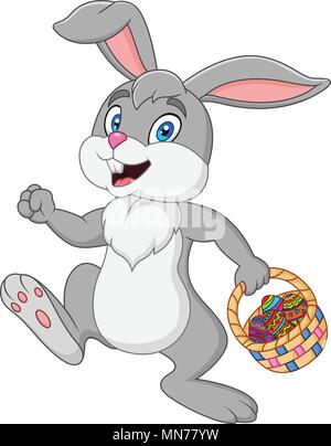 Easter bunny rabbit with Easter basket full of decorated Easter eggs Stock Vector