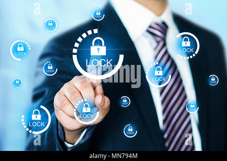 Businessman Touching Security Lock Icons On digital screen. Illustration Concept Stock Photo