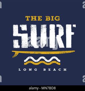 Surfing artwork. The Big Surf Long Beach. T shirt graphics Stock Vector