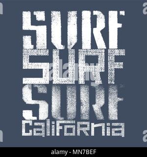 Surfing artwork. Surf California textured lettering. T-shirt apparel print graphics. Original graphic Tee Stock Vector