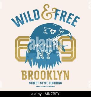 Lettering 'Wild and Free' and American eagle head. This illustration can be used as a print on T-shirts and other clothes Stock Vector