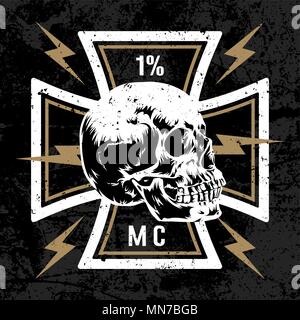 Vector hand drawn illustration with Maltese cross with a skull. Biker symbol. Motorcycle club T shirt graphics concept. Grunge texture on separate lay Stock Vector