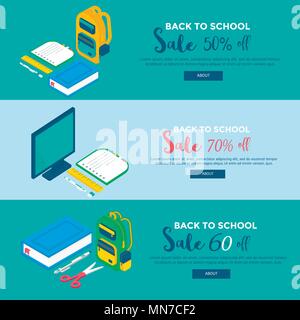 Isometric 3d school supplies set with screen, backpack,  pen, eraser, book, notebook and ruler. Vector Back to school Sale background with stationery. Stock Vector