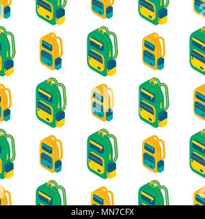 Seamlees pattern with Isometric 3d school  backpack. Vector Back to school background with stationery. Office accessories. Stock Vector