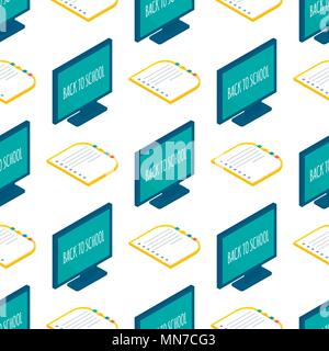 Seamlees pattern with Isometric 3d school supplies screen, notebook, pen. Vector Back to school background with stationery. Office accessories. Stock Vector