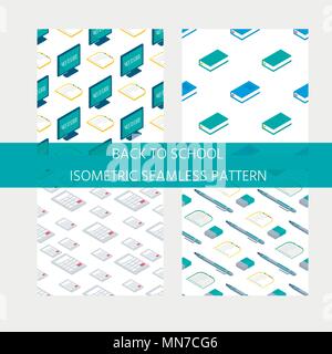 Collection of seamlees pattern with Isometric 3d school supplies screen, calculator, book, notebook, pen, backpack, scissors, eraser and ruler. Vector Stock Vector
