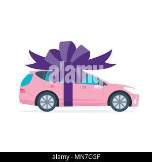 Poster with pink machine and ribbon. Car gift concept or presentation of  auto for sale, rent,. Flat vector illustration. Stock Vector