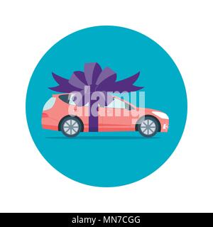 Poster with red machine and ribbon. Car gift concept or presentation of  auto for sale, rent,. Flat vector illustration. Stock Vector