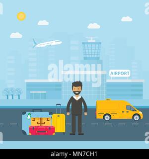 Machine yellow cab with driver in the city. Public truck taxi service concept. Flat vector illustration. Stock Vector