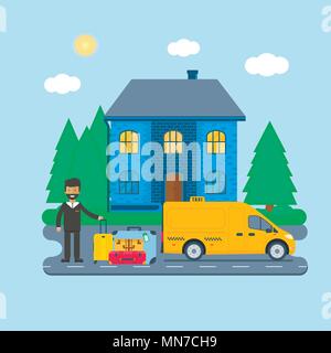Machine yellow cab with driver in the city. Public truck taxi service concept. Flat vector illustration. Stock Vector