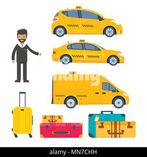 Set of different machine yellow cab, truck with driver and baggage isolated on white background.  Flat vector illustration. Stock Vector