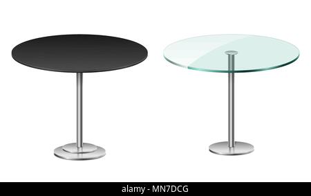 Empty modern black round table isolated on white. Vector glass table with metal stand template for restaurant or cafe interior. vector Illustration Stock Vector