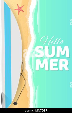 Summer seasonal poster. Hello Summer. Surfboard on the seashore. Sand beach. Cartoon flat style. Bathing season. Red starfish. Season for surfing. Vec Stock Vector