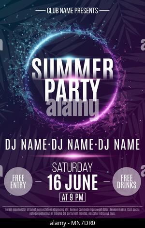 Flyer for the Summer Party. Abstract neon round banner with flying luminous geometric particles. Dance night party. Triangles. Plexus style Stock Vector