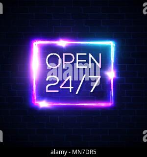 Open sign 24 7 hours. Neon light rectangle round the clock store frame on brick wall background. 24 Hours night club or bar neon signage. Square techno banner. Bright color vector illustration. Stock Vector