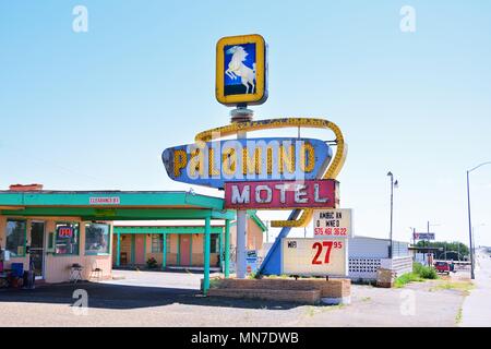 TUCUMCARI, NEW MEXICO - JULY 21: Palomino Motel on Historic Route 66 on July 21, 2017 in Tucumcari, New Mexico. The Palomino Motel has been serving tr Stock Photo