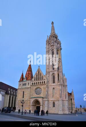 Budapest, Hungary - March 27, 2018: Matthias Church is a Roman Catholic church located in Budapest, Hungary, in front of the Fisherman's Bastion at th Stock Photo