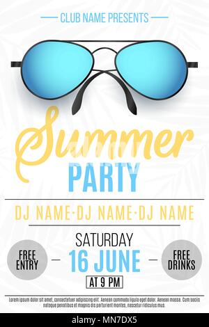 Poster for a Summer Party. Colorful beach sunglasses on a white background with palm trees. The names of the club and DJ. Colorful text. Summer disco  Stock Vector