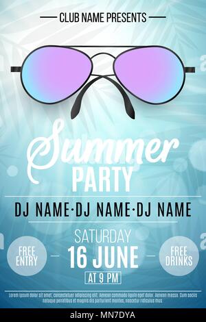 Poster for a Summer Party. Colorful beach sunglasses on a blue background with palm trees. Glares bokeh. The names of the club and DJ. Summer disco fl Stock Vector