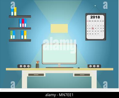 Flat design vector illustration of modern home office interior with designer desktop Stock Vector