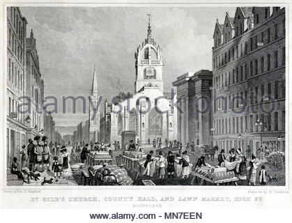 St. Giles Church, County Hall and Lawn Market, High Street, Edinburgh, antique engraving from 1829 Stock Photo