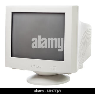 Vintage CRT computer monitor with black screen isolated on white background Stock Photo