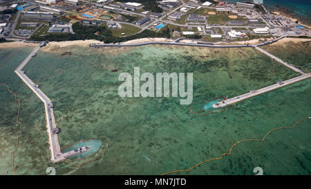 NAGO, JAPAN - MAY 14: Aerial photo shows the foundation construction of U.S. base Marine Corps Futenma Air Station in Henoko district, Nago, Okinawa Prefecture, Japan, photo taken on May 14, 2018. (Photo: Richard Atrero de Guzman/AFLO) Stock Photo