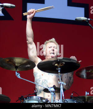 Somerset, Wisconsin, USA. 13th May, 2018. Drummer James Cassells of the band Asking Alexandria performs during the Northern Invasion Music Festival in Somerset, Wisconsin. Ricky Bassman/Cal Sport Media/Alamy Live News Stock Photo