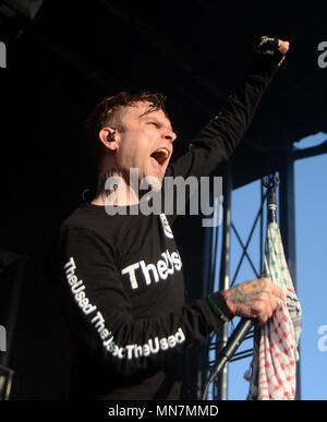 Somerset, Wisconsin, USA. 13th May, 2018. Lead singer Bert McCracken of the band The Used performs during the Northern Invasion Music Festival in Somerset, Wisconsin. Ricky Bassman/Cal Sport Media/Alamy Live News Stock Photo