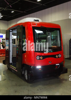 Sydney, Australia. 15th May, 2018. Sydney, Australia. 15th May, 2018. CeBIT Australia brings together the coolest technology and the world’s most innovative minds, at the International Convention Centre , Darling Harbour, Sydney, Australia.The EZ10 driverless shuttle which has already been deployed in 20 countries across Asia-Paciﬁc, Middle-East, North America and Europe. Credit: Paul Lovelace/Alamy Live News Credit: Paul Lovelace/Alamy Live News Stock Photo