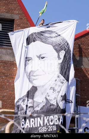 Filton, Bristol, UK . 15th May, 2018. Banner portraits of women killed fighting in syria have been hung from the roof of the airbus company in Filton Protests coincide with Turkeys president Erdogans vist..The protesters say they are friends of Anna Campbell, from Bristol, who died in syria. The protesters believe Airbus is selling arms to the turkish military and that the women on the banners were killed by turkish forces. BAe has issued a statement that their work with turkey complies with defence export controls. Credit: Mr Standfast/Alamy Live News Stock Photo