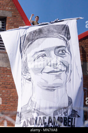 Filton, Bristol, UK . 15th May, 2018. Banner portraits of women killed fighting in syria have been hung from the roof of the airbus company in Filton Protests coincide with Turkeys president Erdogans vist..The protesters say they are friends of Anna Campbell, from Bristol, who died in syria. The protesters believe Airbus is selling arms to the turkish military and that the women on the banners were killed by turkish forces. BAe has issued a statement that their work with turkey complies with defence export controls. Credit: Mr Standfast/Alamy Live News Stock Photo