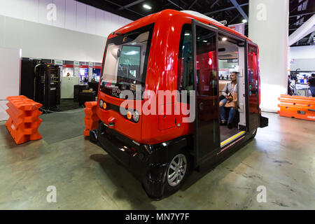 Sydney, Australia. 15th May, 2018. Sydney, Australia. 15th May, 2018. CeBIT Australia brings together the coolest technology and the world’s most innovative minds, at the International Convention Centre , Darling Harbour, Sydney, Australia.The EZ10 driverless shuttle which has already been deployed in 20 countries across Asia-Paciﬁc, Middle-East, North America and Europe. Credit: Paul Lovelace/Alamy Live News Credit: Paul Lovelace/Alamy Live News Stock Photo