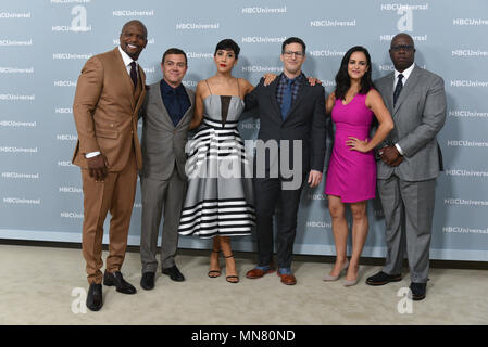 Terry Crews, Joe Lo Truglio, Andy Samberg, Stephanie Beatriz, Melissa Fumero, Andre Braugher attend the Unequaled NBCUniversal Upfront campaign at Radio City Music Hall on May 14, 2018 in New York. Stock Photo