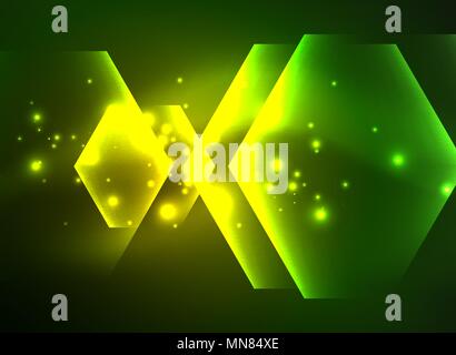 Techno glowing glass hexagons vector background. Techno glowing glass hexagons vector background, futuristic dark template with neon light effects and simple forms Stock Vector