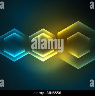 Techno glowing glass hexagons vector background. Techno glowing glass hexagons vector background, futuristic dark template with neon light effects and simple forms Stock Vector