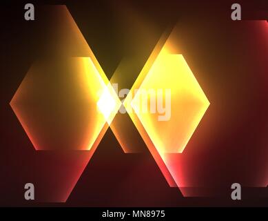 Techno glowing glass hexagons vector background. Techno glowing glass hexagons vector background, futuristic dark template with neon light effects and simple forms Stock Vector