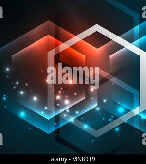 Techno glowing glass hexagons vector background. Techno glowing glass hexagons vector background, futuristic dark template with neon light effects and simple forms Stock Vector