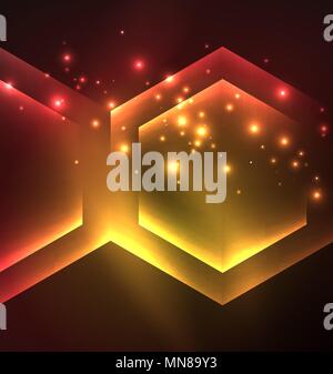 Techno glowing glass hexagons vector background. Techno glowing glass hexagons vector background, futuristic dark template with neon light effects and simple forms Stock Vector