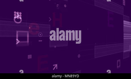 An electronic 3d rendering of shining white letters and signs covered with techno chips, grids and templates composing a pc processor placed aslant in Stock Photo