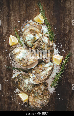Dozen fresh oysters on the wooden and sea salt. Top view Stock Photo