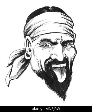 Crazy pirate character. Ink black and white illustration Stock Photo