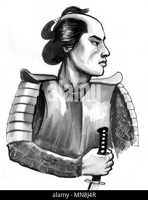 Samurai warrior with a sword. Ink black and white illustration Stock Photo