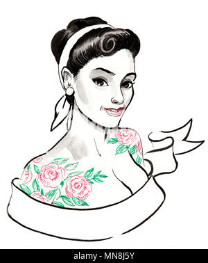Pin up girl with a tattooed shoulders Stock Photo